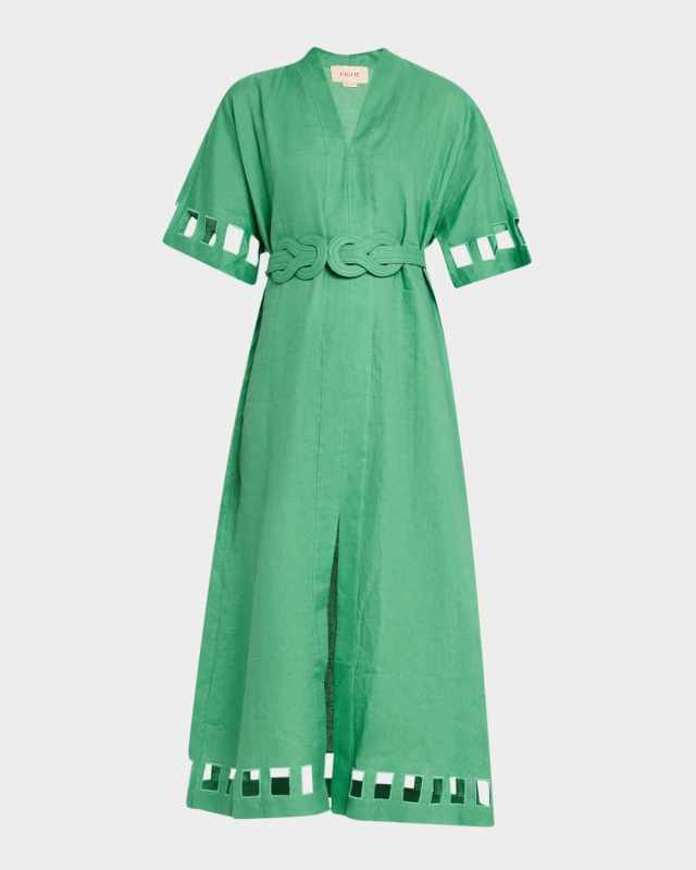 Adalaide Short-Sleeve Belted Linen Midi Dress
